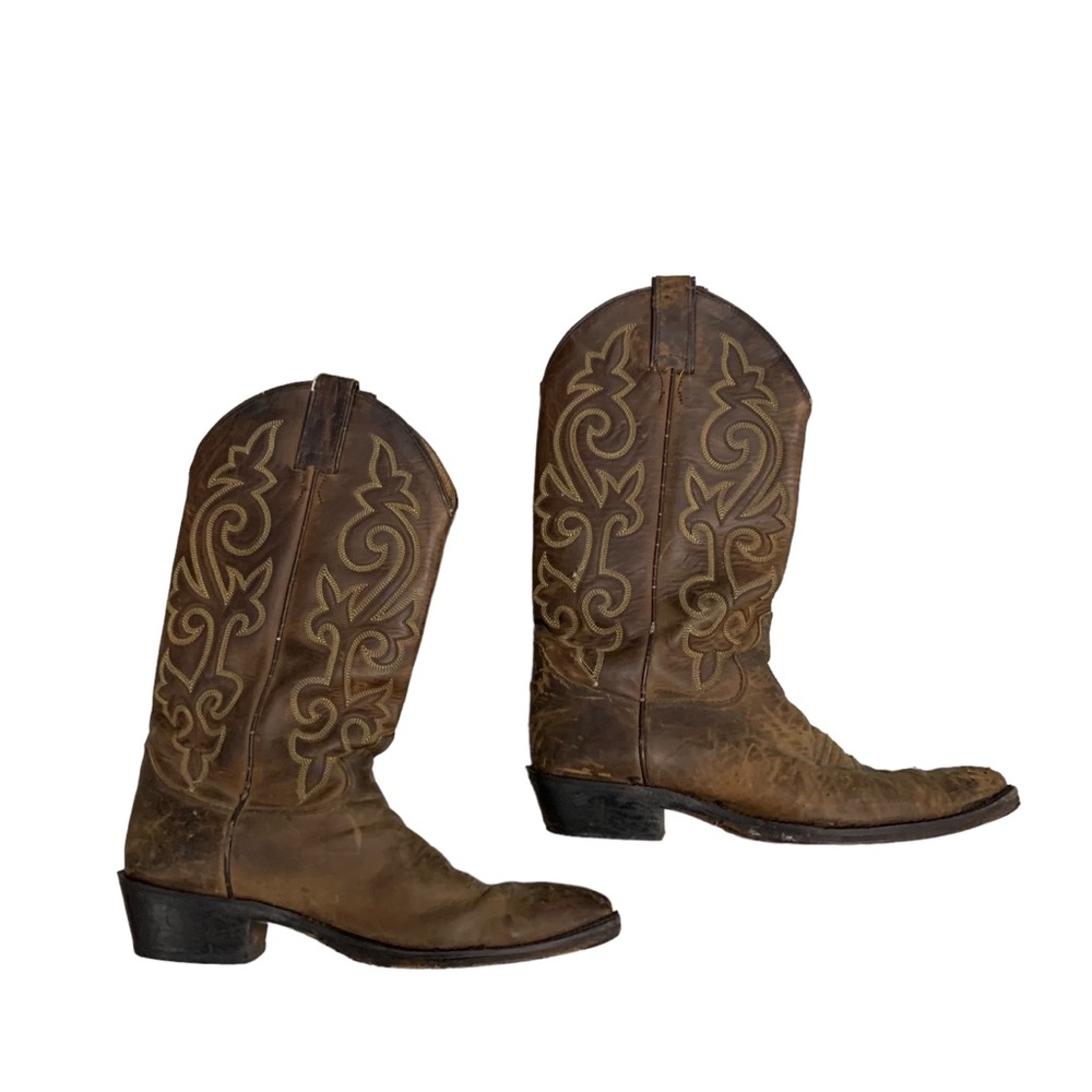 JUSTIN MEN'S BUCK BROWN ROUND TOE WESTERN BOOTS cowboy shoes size 9.5 leather - Picture 2 of 8